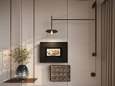 Abstract Painting Framed In Interior Decor With Hanging Lamp Textured Wall And Vase With Plants 3d model