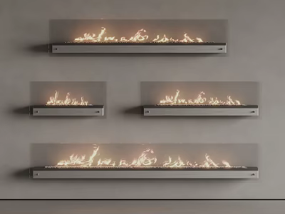 Modern Wall Mounted Fireplaces With Glass Panels And Realistic Flames Installed On Gray Wall Interior 3d model