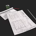 Architectural Plans With Tape Measure Pencil And Green Mug For Daily Use