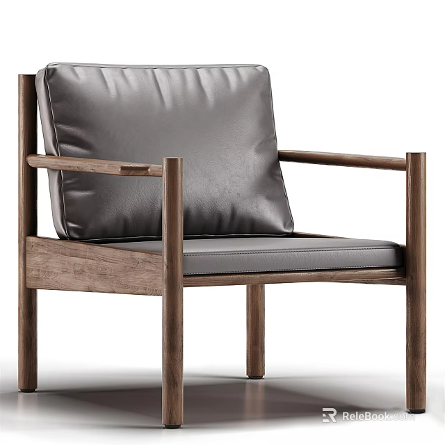 Modern Minimalist Dining Chair With Wooden Frame And Black Leather Seat Backrest 3d model 