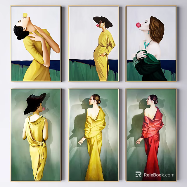 Portrait Paintings Of Female Figures In Yellow Red Dresses And Various Poses With Colorful Backgrounds 3d model 