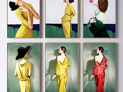 Portrait Paintings Of Female Figures In Yellow Red Dresses And Various Poses With Colorful Backgrounds 3d model
