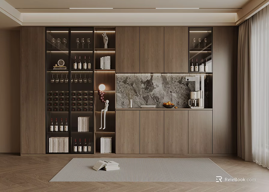Modern Wine Cabinet Design With Wooden Frame Glass Doors And Open Shelving Interior 3d model 