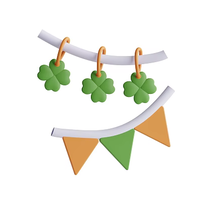 Hanging Decorative Ornament Set With Green Clover Ornaments And Orange Green Triangle Banners 3d model