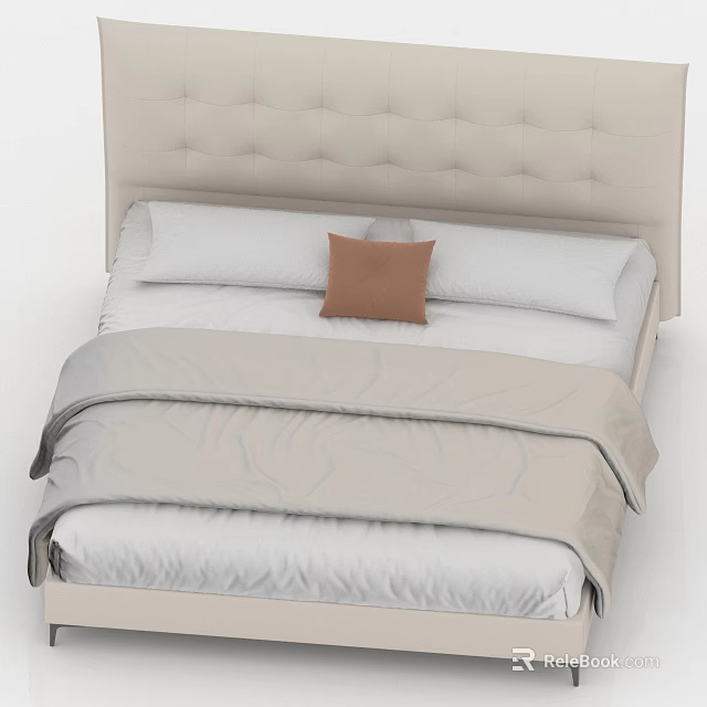 Double Bed With Upholstered Headboard Light Colored Frame White Bedding And Brown Accent Pillow 3d model