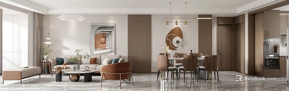 Elegant Modern Living Dining Room Interior Design With Sofa Dining Table Artwork And Pendant Lights 3d model