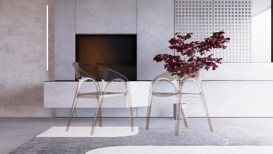 Clear Acrylic Leisure Chairs in Modern Living Room with TV Unit and Red Leaf Plant 3d model 