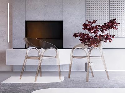 Clear Acrylic Leisure Chairs in Modern Living Room with TV Unit and Red Leaf Plant 3d model
