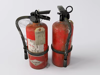 Two Old Red Fire Extinguishers With Black Nozzles And Metal Straps 3d model