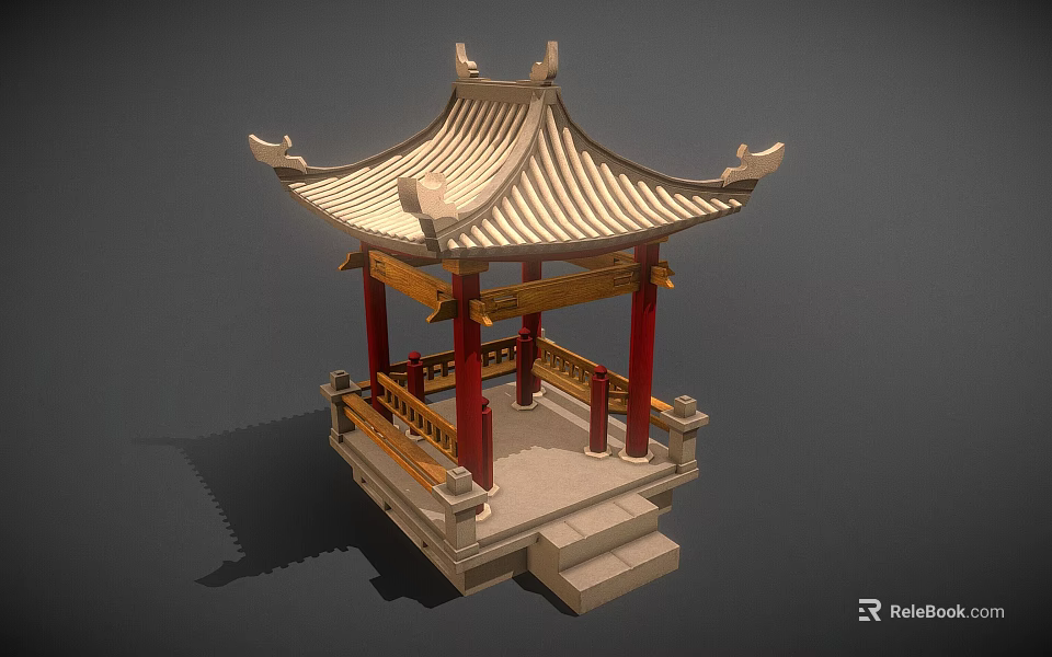 Traditional Chinese Pavilion With Curved Roof Red Pillars And Wooden Railings 3d model 