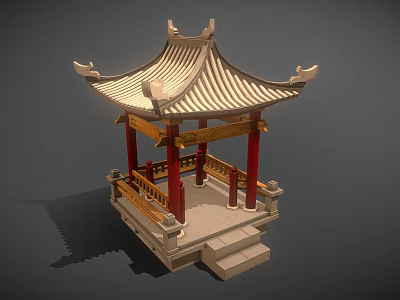 Traditional Chinese Pavilion With Curved Roof Red Pillars And Wooden Railings 3d model