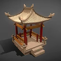 Traditional Chinese Pavilion With Curved Roof Red Pillars And Wooden Railings