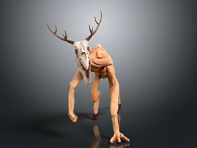 Grotesque Creature Sculpture with Deer Antler Skull and Distorted Limbs 3d model