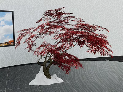 Garden Ornament Featuring Red Maple Tree With Vibrant Red Leaves And White Base 3d model