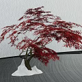 Garden Ornament Featuring Red Maple Tree With Vibrant Red Leaves And White Base