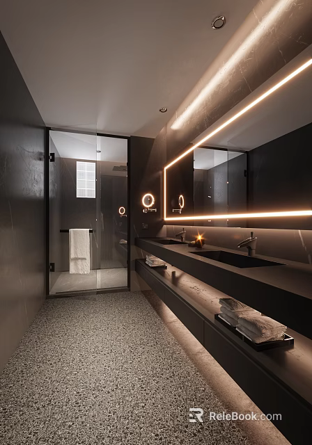 Modern Dark Toned Bathroom With Glass Shower Double Sinks And Backlit Mirrors 3d model 