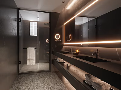 Modern Dark Toned Bathroom With Glass Shower Double Sinks And Backlit Mirrors 3d model