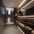 Modern Dark Toned Bathroom With Glass Shower Double Sinks And Backlit Mirrors