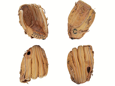 Vintage Leather Baseball Gloves In Four Different Angles With Detailed Stitching 3d model