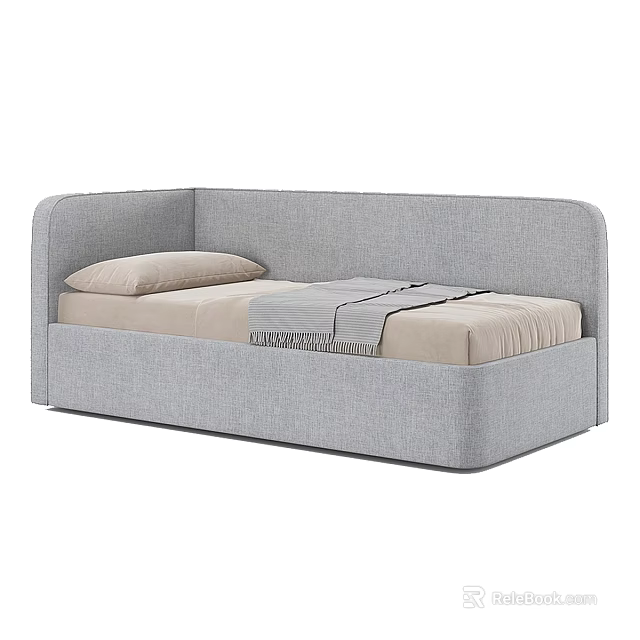 Modern Gray Single Bed with Curved Upholstered Headboard Beige Mattress Pillow and Gray Textured Blanket 3d model 