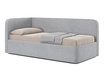 Modern Gray Single Bed with Curved Upholstered Headboard Beige Mattress Pillow and Gray Textured Blanket 3d model