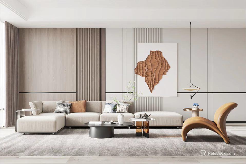 Modern Beige Sofa and Coffee Table Set with Decorative Painting Wooden Walls and Accent Chair 3d model 