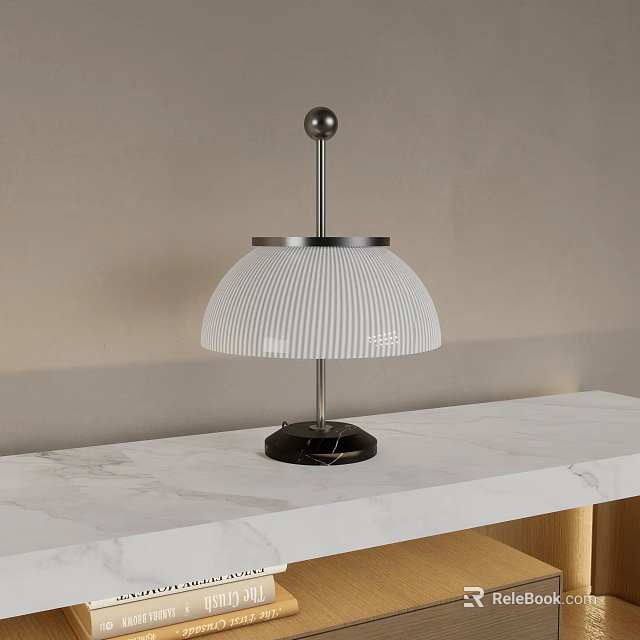 Modern Minimalist Table Lamp With White Ribbed Lampshade And Metal Stand On Marble Tabletop 3d model 