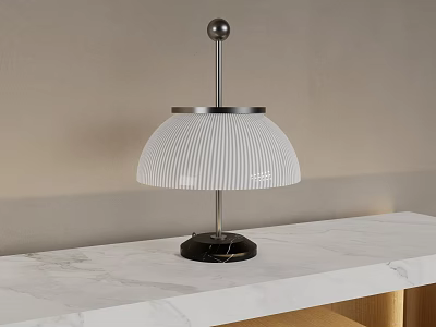 Modern Minimalist Table Lamp With White Ribbed Lampshade And Metal Stand On Marble Tabletop 3d model