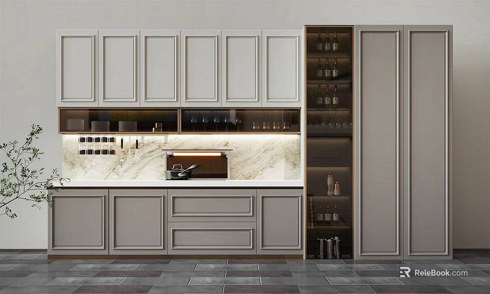 Modern Kitchen Interior With White Cabinets Marble Countertop And Dark Storage Shelves 3d model 