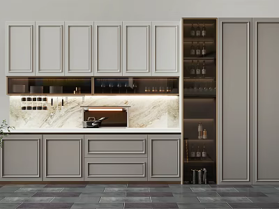 Modern Kitchen Interior With White Cabinets Marble Countertop And Dark Storage Shelves 3d model