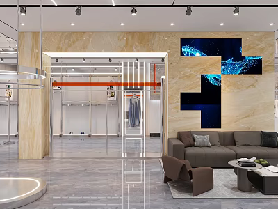 Modern Clothing Store Interior With Display Racks Seating Area And Wall Art 3d model