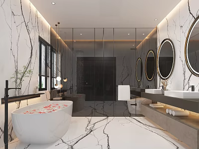 Modern Bathroom Interior With Marble Walls Round Mirrors Bathtub And Glass Shower 3d model