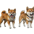 Two Shiba Inu Statues With Brown White Coat And Blue Collar Standing On White Background