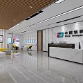 China Unicom Service Hall Modern Interior With Marble Reception Desk Display Screens And Green Plants