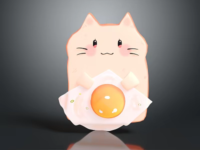 Cute Pink Game Anime Cat Character Holding Fried Egg with Runny Yolk in Animation 3d model