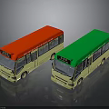 Two Yellow Buses with Red and Green Roofs Parked on Reflective Ground