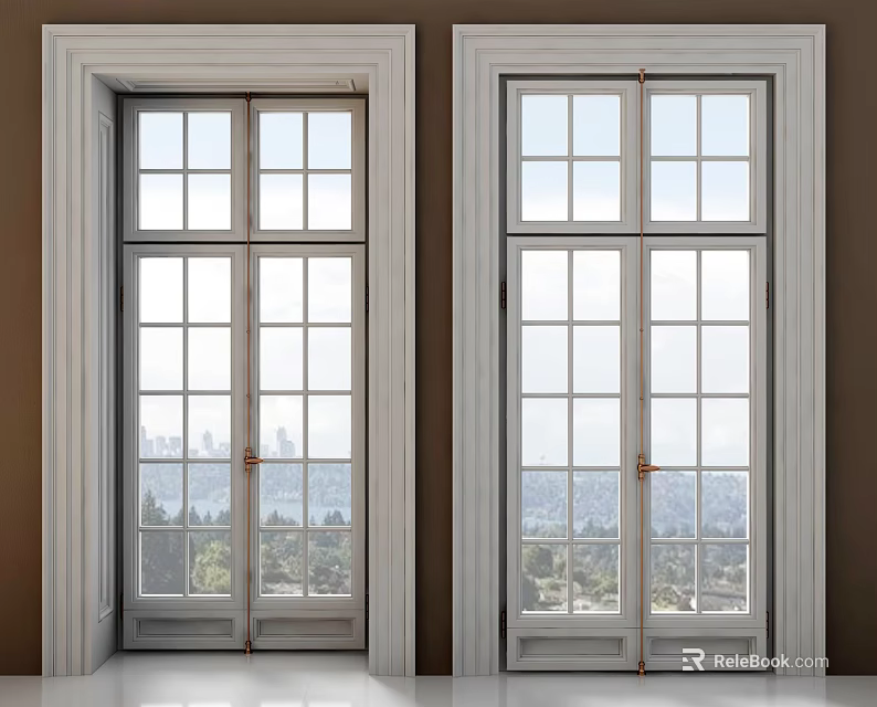 Double French Doors With White Frames Multiple Glass Panes And Scenic Exterior View 3d model 