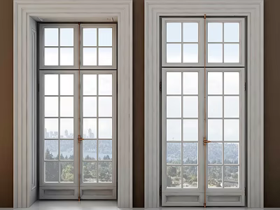 Double French Doors With White Frames Multiple Glass Panes And Scenic Exterior View 3d model