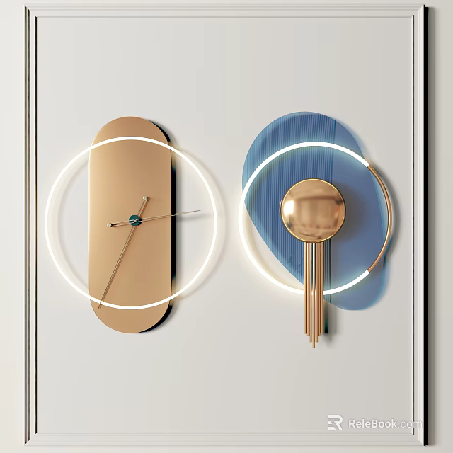 Modern Gold And Blue Circular Wall Clocks With Neon Light Ring Decor 3d model