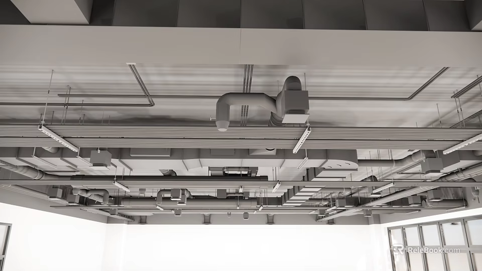 Exposed Industrial Ceiling Design With Metal Frames Pipes And Vents 3d model 