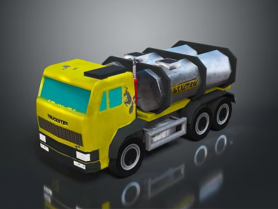 Toy Yellow Volvo Tanker Truck with Black Parts and Large Wheels on Reflective Surface 3d model