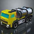 Toy Yellow Volvo Tanker Truck with Black Parts and Large Wheels on Reflective Surface