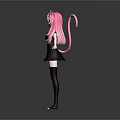 Anime Girl Character With Cat Ears Pink Tail Pink Hair Black Dress Gray Background