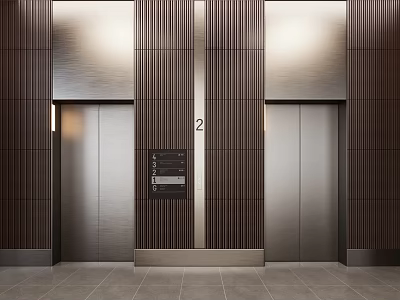 Modern Elevator Design In Lobby With Wooden Paneling Metal Doors And Floor Indicator Lights 3d model