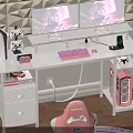 White Gaming Desk With Dual Monitors Anime Character Displays Pink Accents And Purple Ambient Lighting