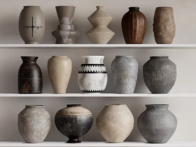 Diverse Ceramic Vessels With Various Shapes Colors And Textures Displayed On White Shelves 3d model