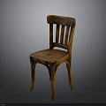 Vintage Wooden Dining Chair With Slatted Back Leather Seat And Curved Legs