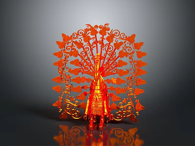 Red Peacock Shaped Decorative Furniture With Intricate Carved Patterns For Home Interior 3d model