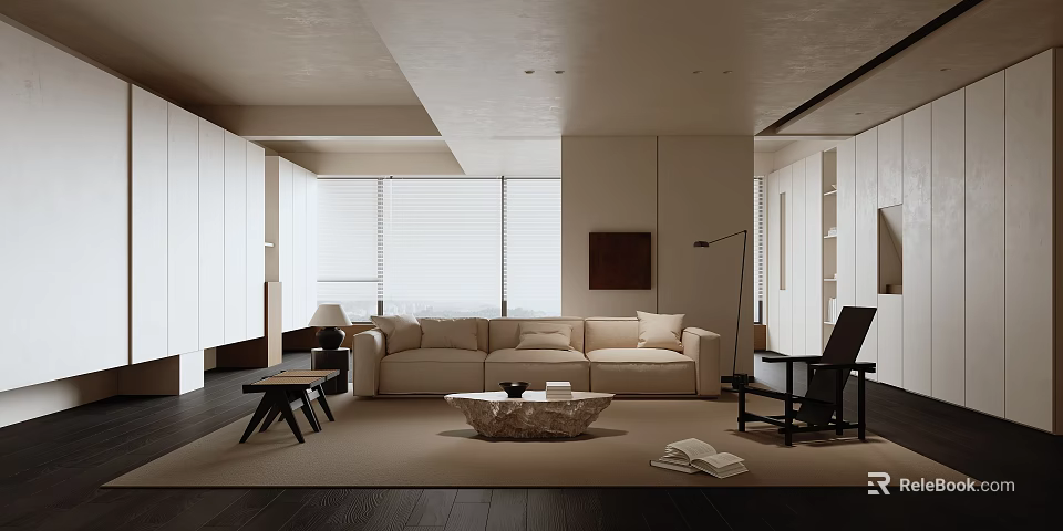 Minimalist Living Room Interior With Beige Sofa Black Chair And Floor To Ceiling Windows 3d model 