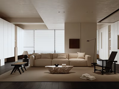 Minimalist Living Room Interior With Beige Sofa Black Chair And Floor To Ceiling Windows 3d model